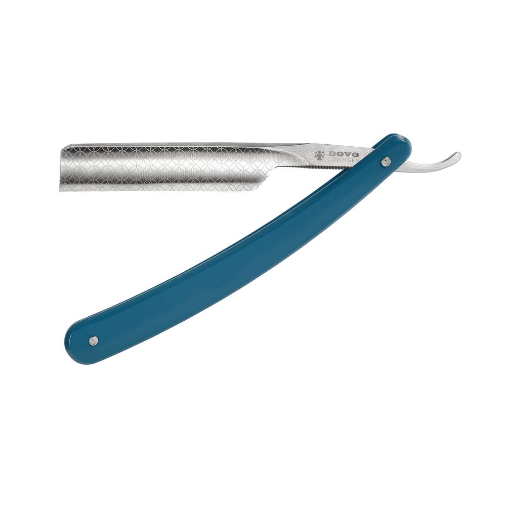 Rasierer mit blauem Griff und silberner Klinge. DOVO-Logo sichtbar. Detailansicht.
