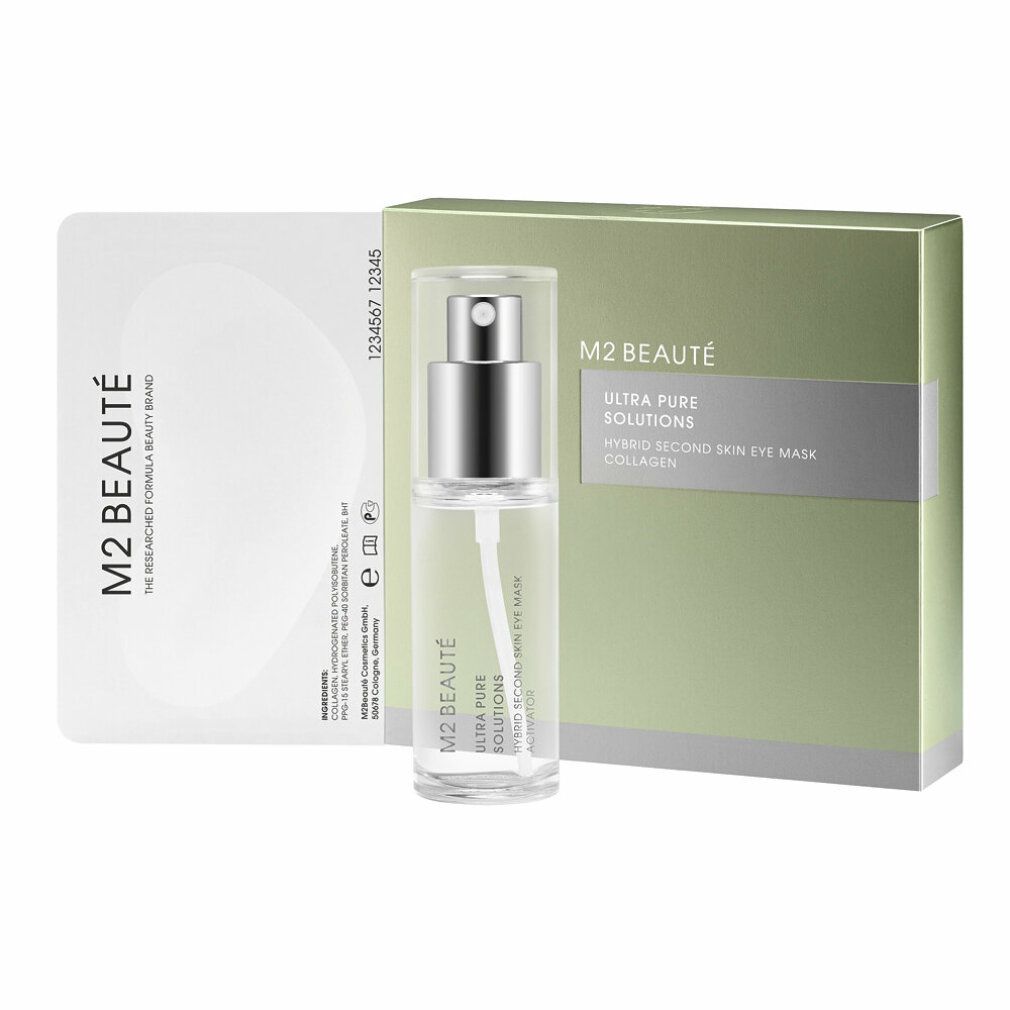 Produktverpackung mit Sprühflasche und Augenmaske. Aufschrift: M2 Beaute, Ultra Pure Solutions, Hybrid Second Skin Eye Mask Collagen.