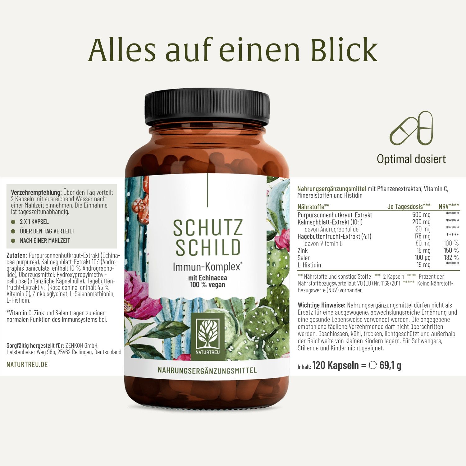 Flasche Schutz Schild Immun-Komplex mit detaillierter Nährwertangabe und Dosierungsempfehlung.