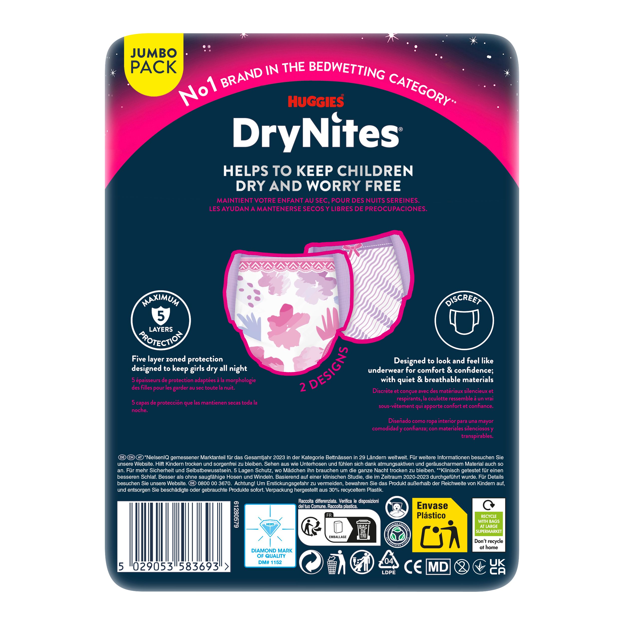 Rückseite der DryNites Pyjama Pants Packung. 2 Designs. 5 Schutzschichten. Diskret. Informationen zur Entsorgung.