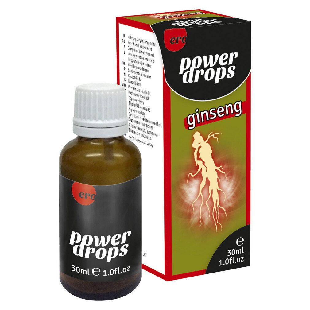 Ero Men Power Drops Ginseng Flasche und Karton.