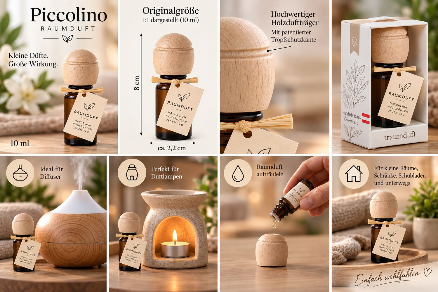Collage: Piccolino Raumduft Flasche, Maße, Verpackung, Anwendung in Diffusor und Duftlampe.