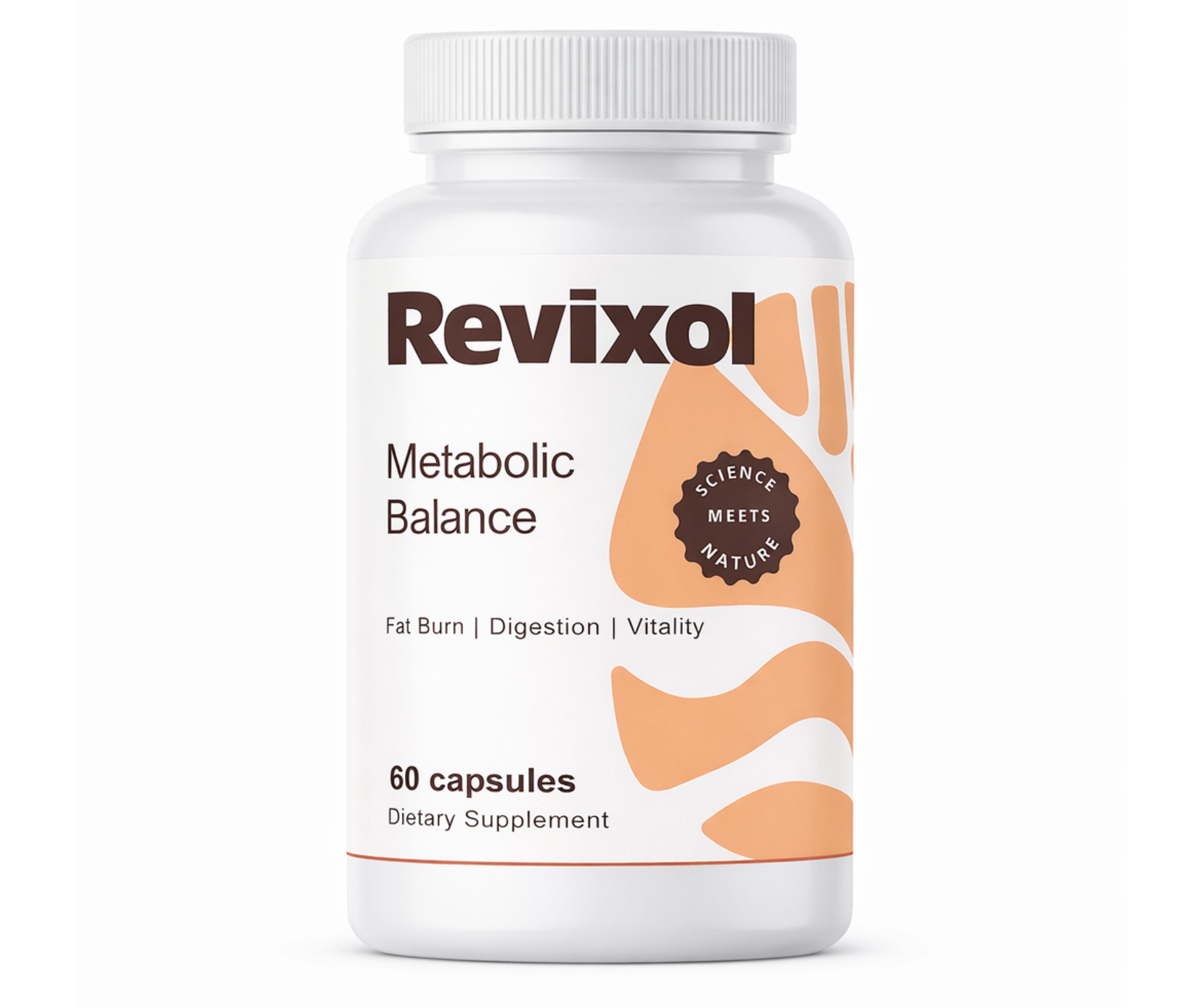 Weiße Flasche mit Kapseln. Aufschrift: Revixol, Metabolic Balance, 60 Kapseln. Mit Siegel: Science meets Nature.
