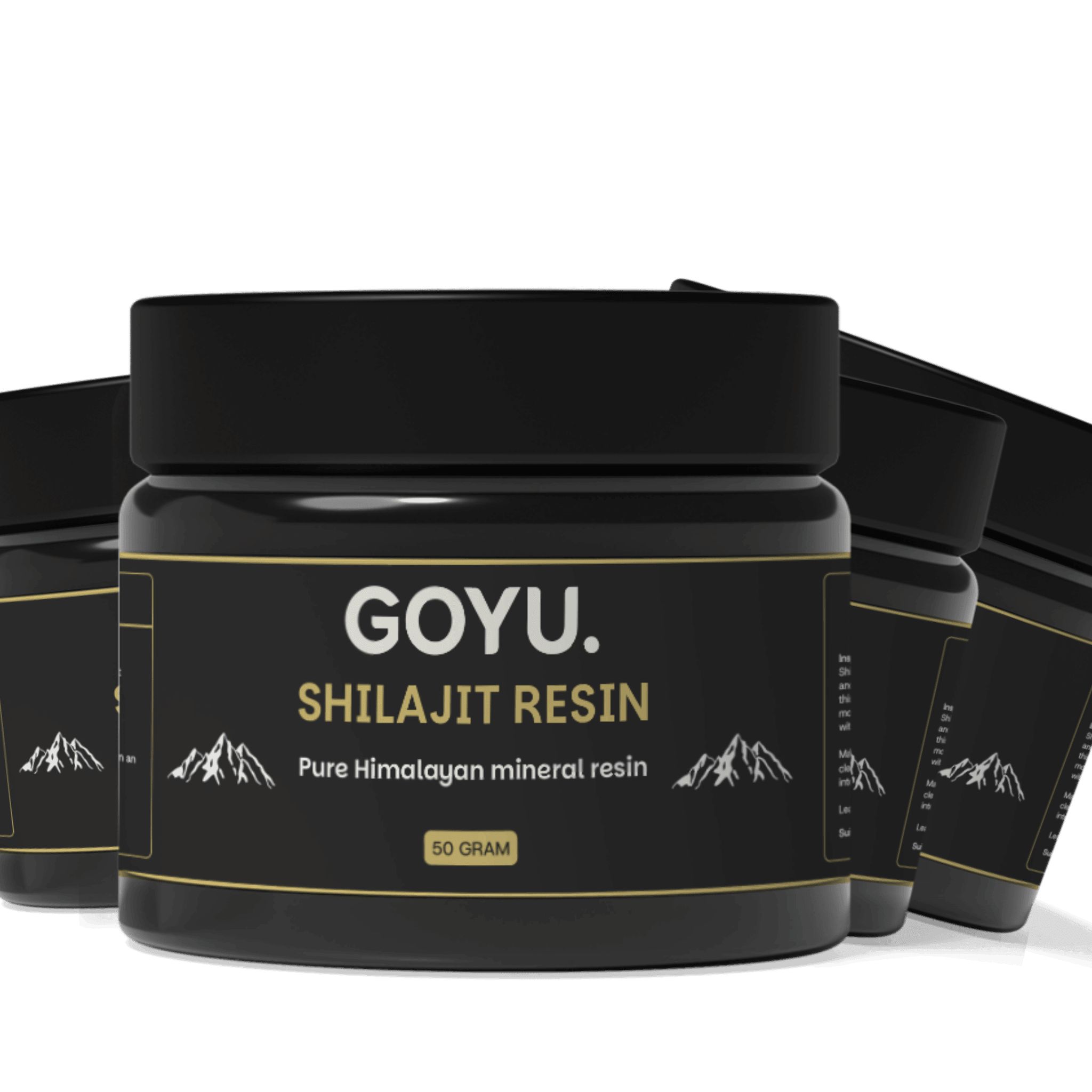 Schwarzes Glas mit schwarzem Deckel. Aufschrift: GOYU. Shilajit Resin, 50 Gramm.