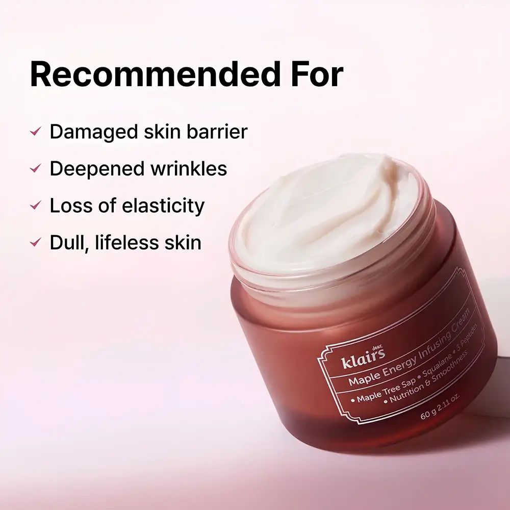 Creme-Dose mit geöffnetem Deckel. Aufschrift: Dear Klairs Maple Energy Infusing Cream. Empfohlen für Hautprobleme. Creme sichtbar.