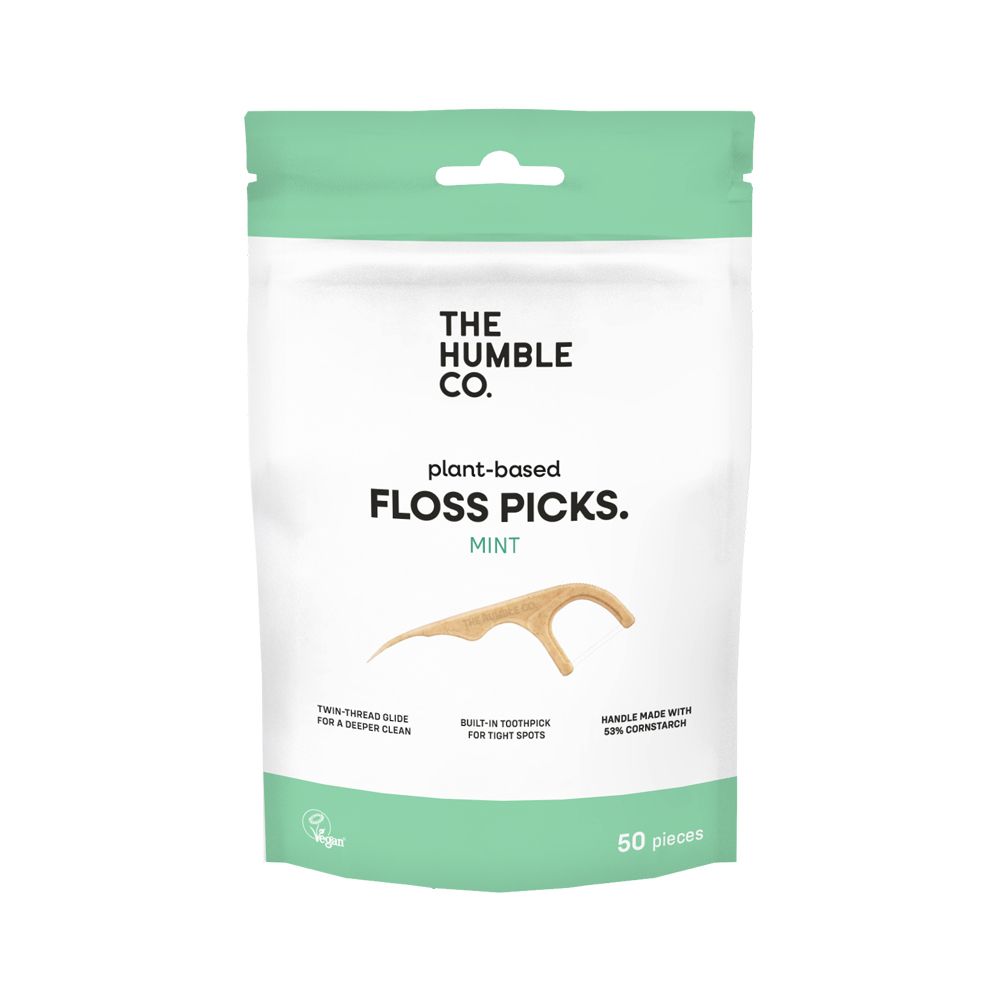 Verpackung von The Humble Co. Zahnseidesticks. Mint-Geschmack. 50 Stück. Aufdruck: Flosspicks, plant-based.
