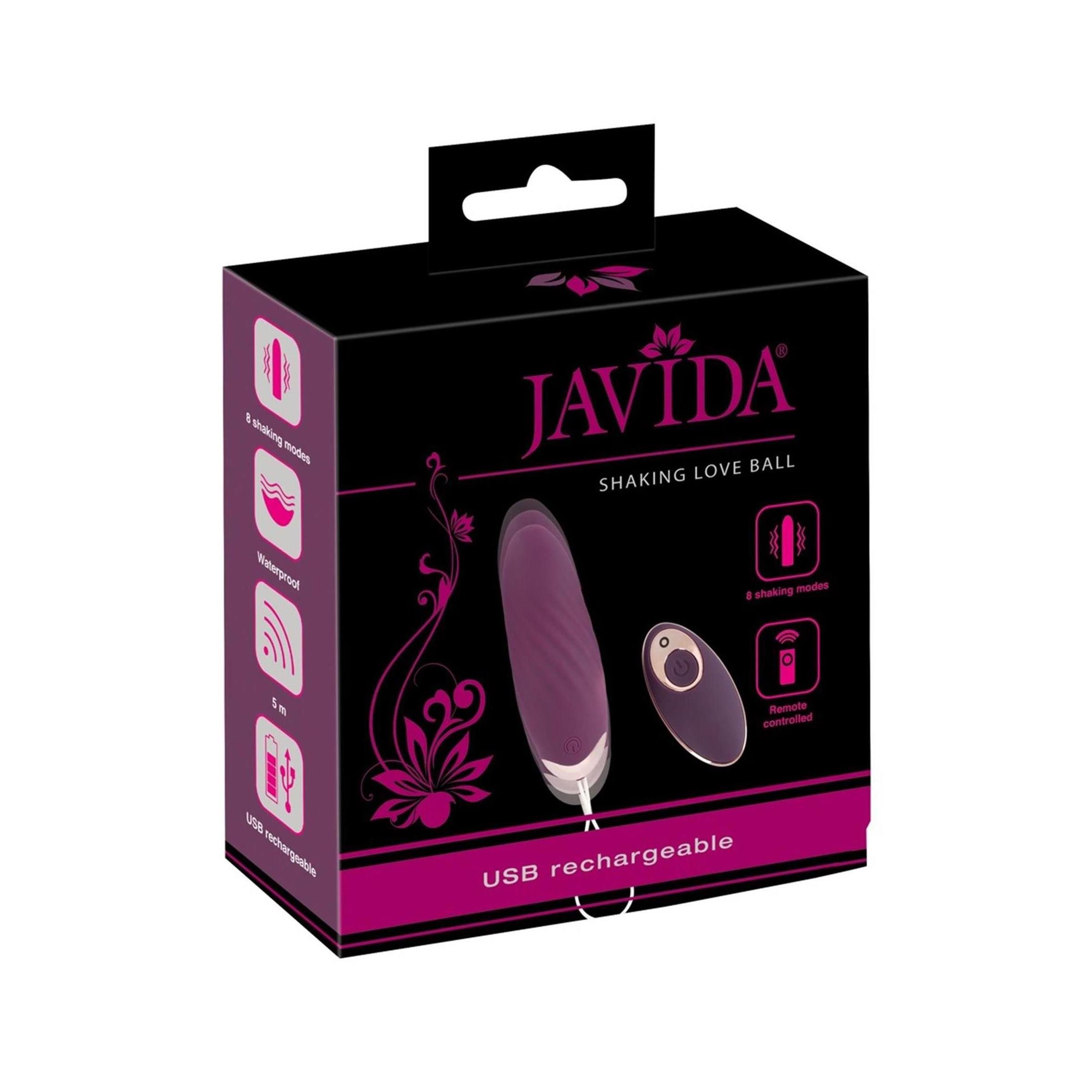 Verpackung von Javida Shaking Love Ball. Schwarze Box mit Produktabbildung und Text. USB-aufladbar.