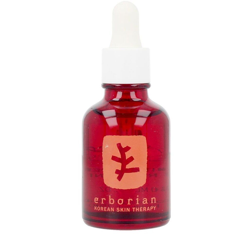 Rote Glasflasche mit weißem Tropfer. Aufkleber mit orangefarbenem Baum-Logo und Schriftzug 'erborian'.