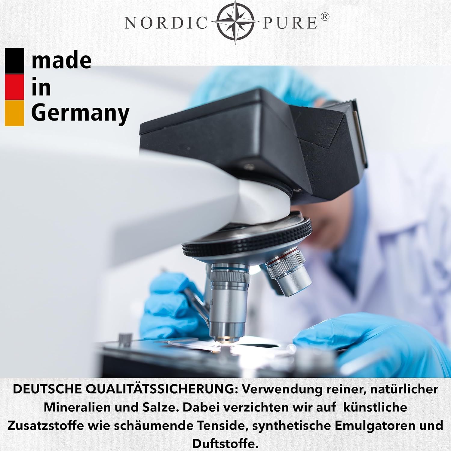 Mikroskop und Produkt. Text: Deutsche Qualitätssicherung. Verwendung reiner, natürlicher Mineralien und Salze. Ohne künstliche Zusätze.