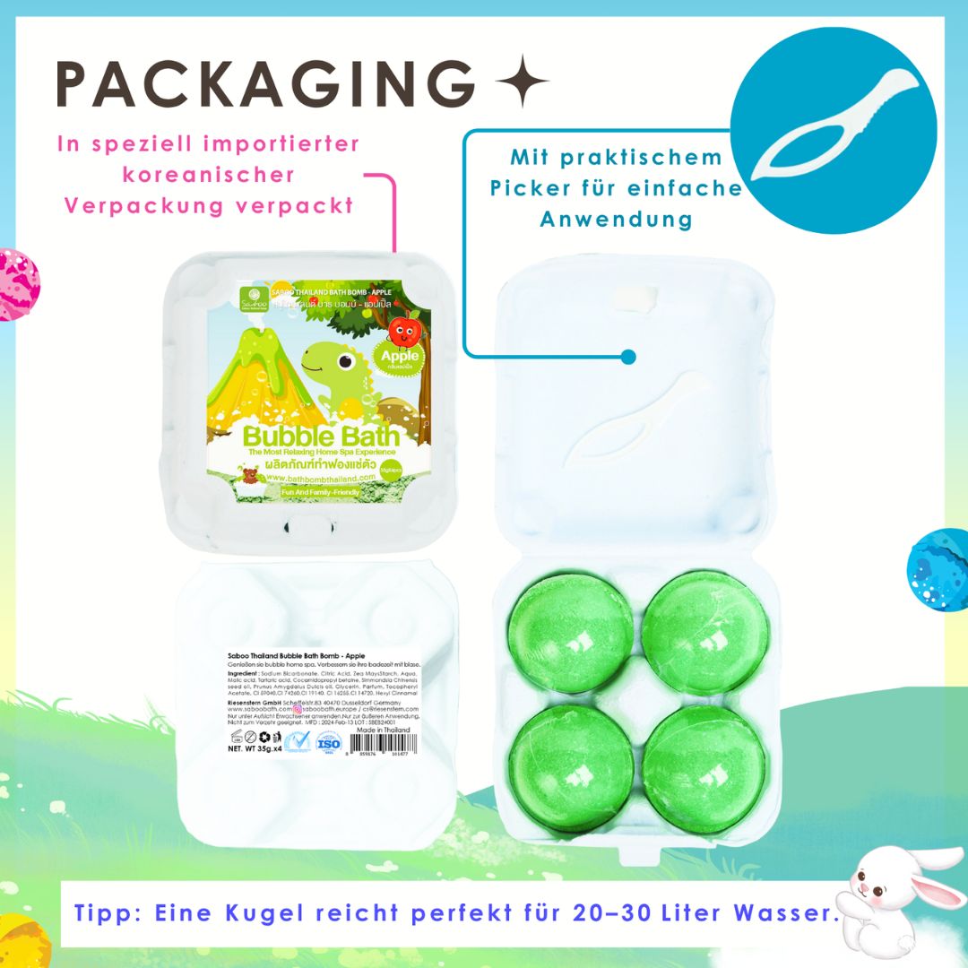 Verpackung mit Badebomben. Enthält vier grüne Badebomben. Mit praktischem Picker.