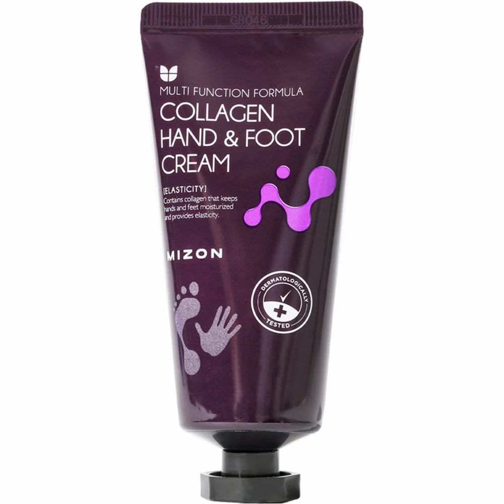 Dunkelviolette Tube Collagen Hand & Foot Cream. Fuß- und Handabdruck. Dermatologisch getestet. Schwarzer Verschluss.