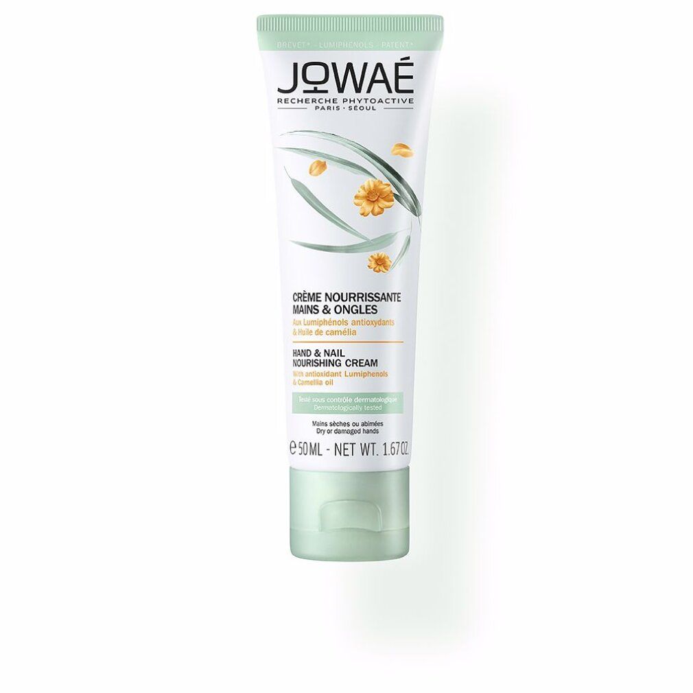 Creme-Tube mit grünem Deckel. Aufschrift: JOWAE, Crème Nourrissante Mains & Ongles. 50ml.