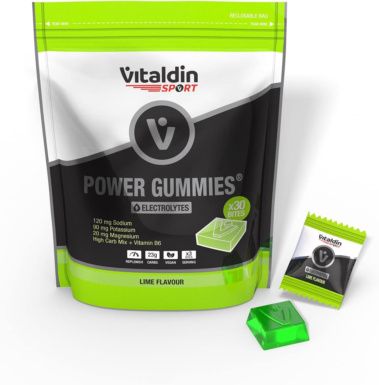 Beutel mit Power Gummies. Aufschrift: VITALDIN SPORT, POWER GUMMIES Electrolytes. Einzelne Gummibärchen und ein Päckchen daneben.