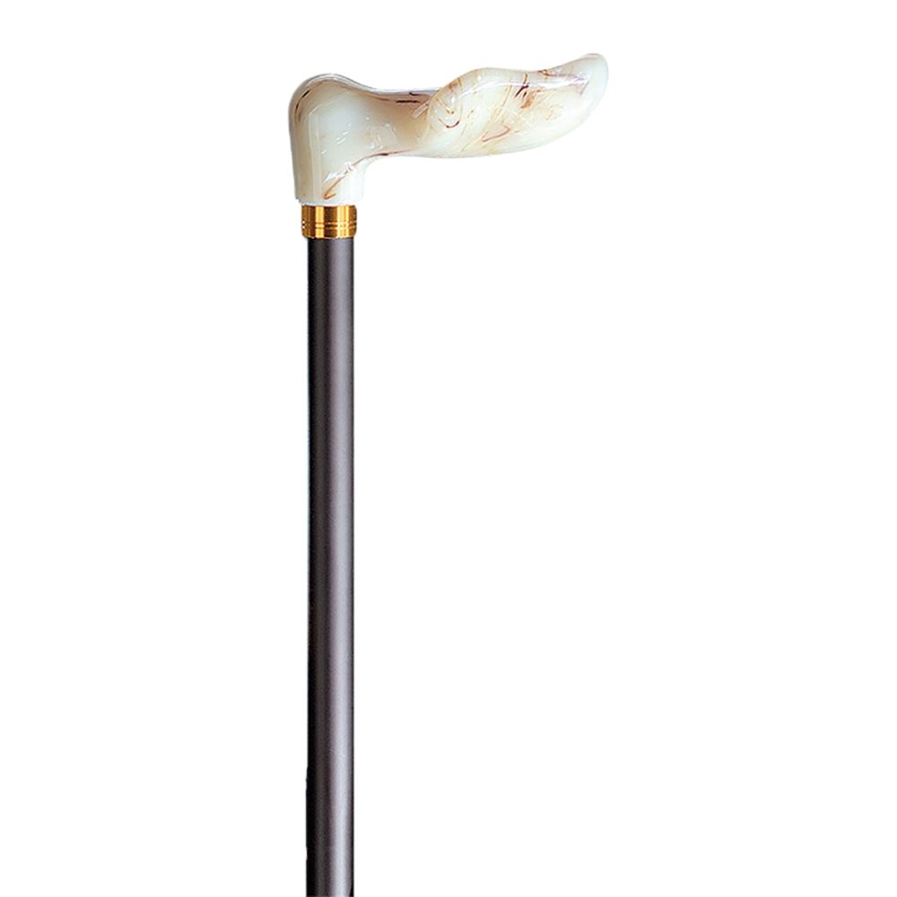 Gehstock mit marmoriertem Griff und dunklem Schaft. Der Griff ist ergonomisch geformt. Goldfarbener Ring am Übergang.