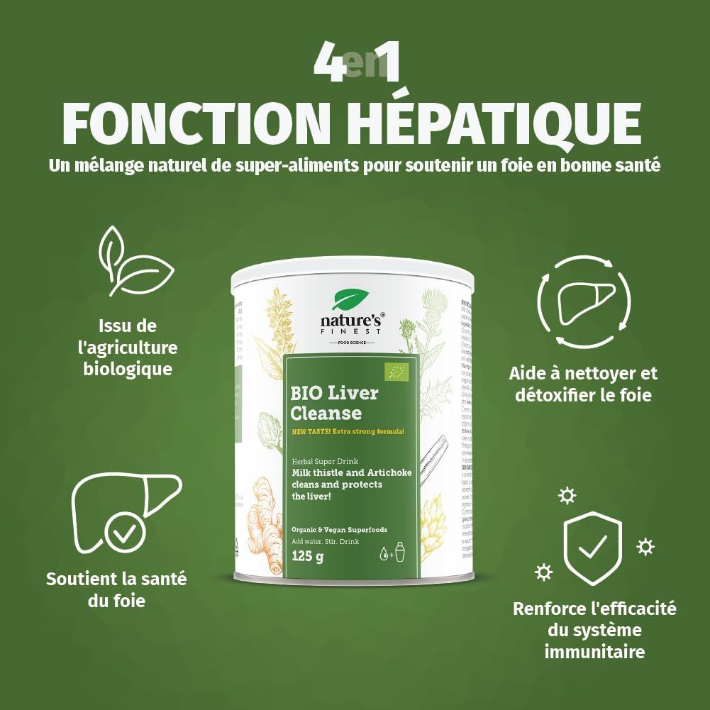 Boîte Nature's Finest BIO LIVER CLEANSE. Texte : BIO Liver Cleanse, 125g. Avec illustrations et icônes.