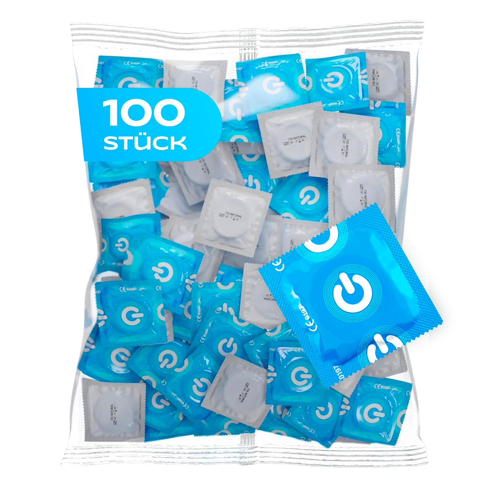 ON) Clinic Kondome, 100 Stück Packung, Einzelverpackungen mit Power-Button-Logo.