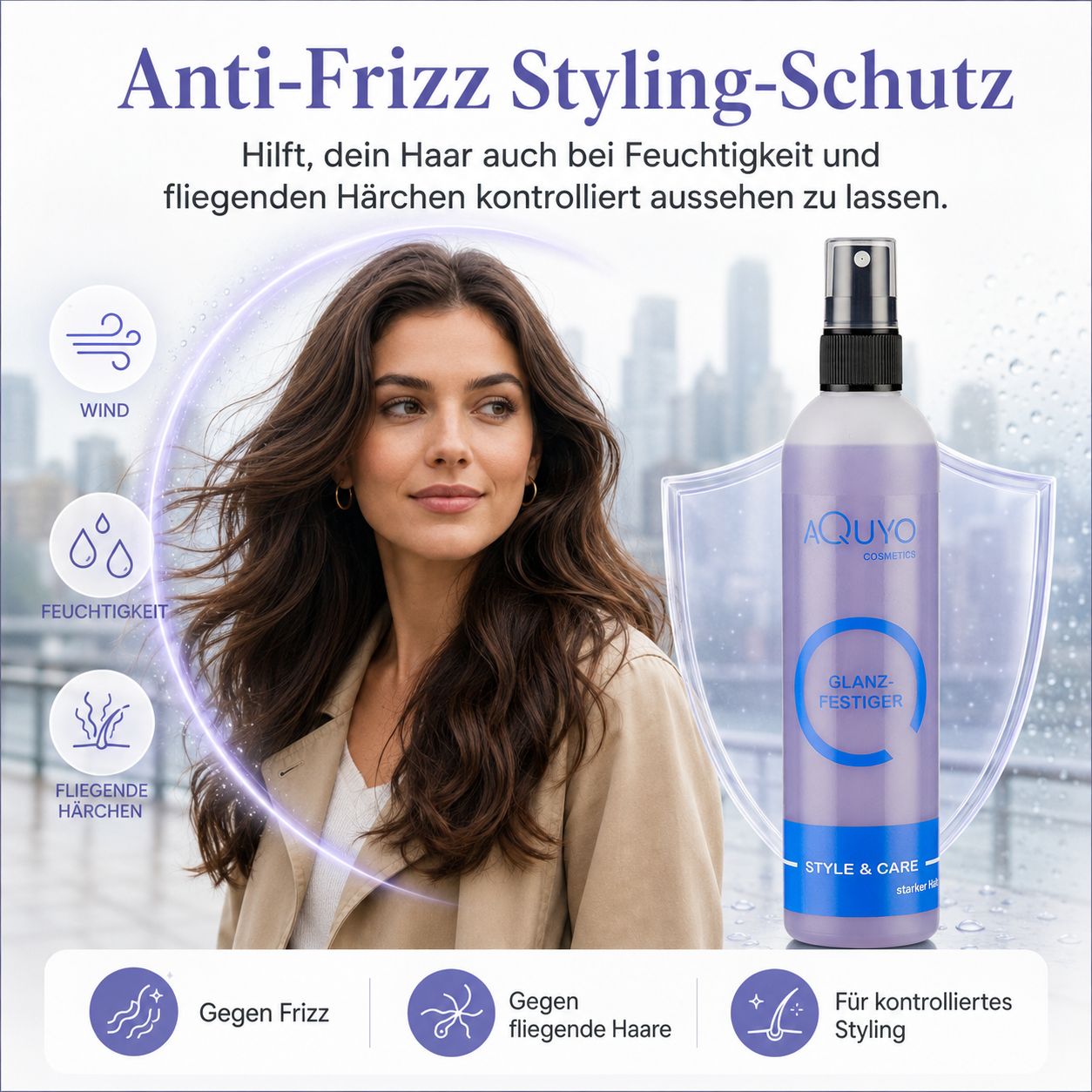Frau mit glattem Haar, geschützt vor Wind und Feuchtigkeit durch Haarfestiger.