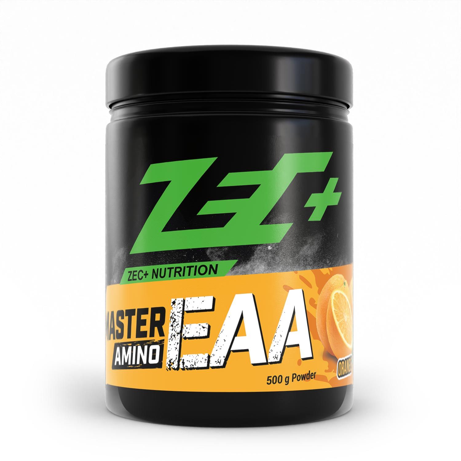 Schwarze Dose mit grünem Logo und Schriftzug. Orangefarbener Streifen mit Text. "MASTER AMINO EAA" und "500 g Powder" sichtbar.