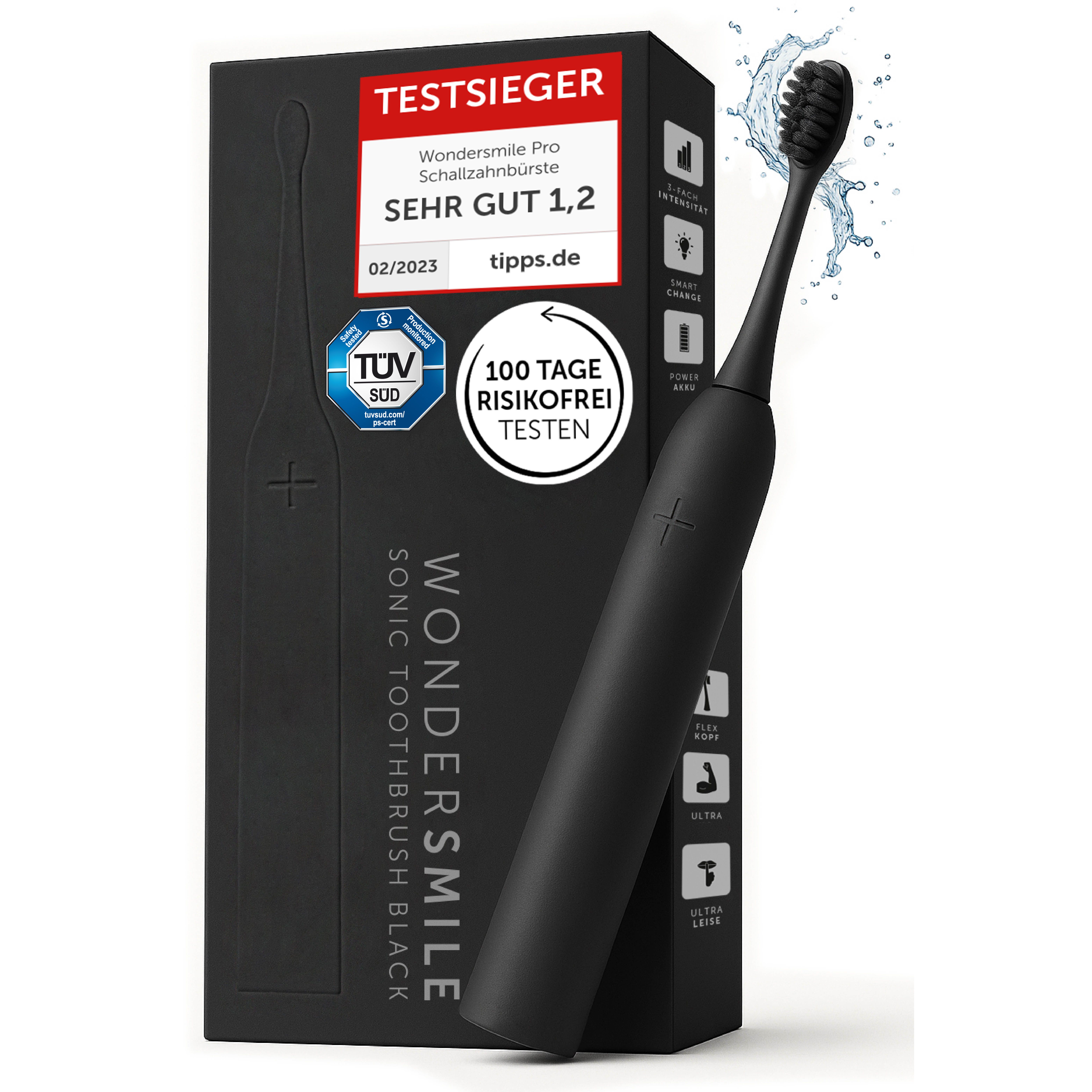 Schwarze elektrische Zahnbürste mit Verpackung. Auf der Verpackung steht "Wondersmile Pro Schallzahnbürste Black".