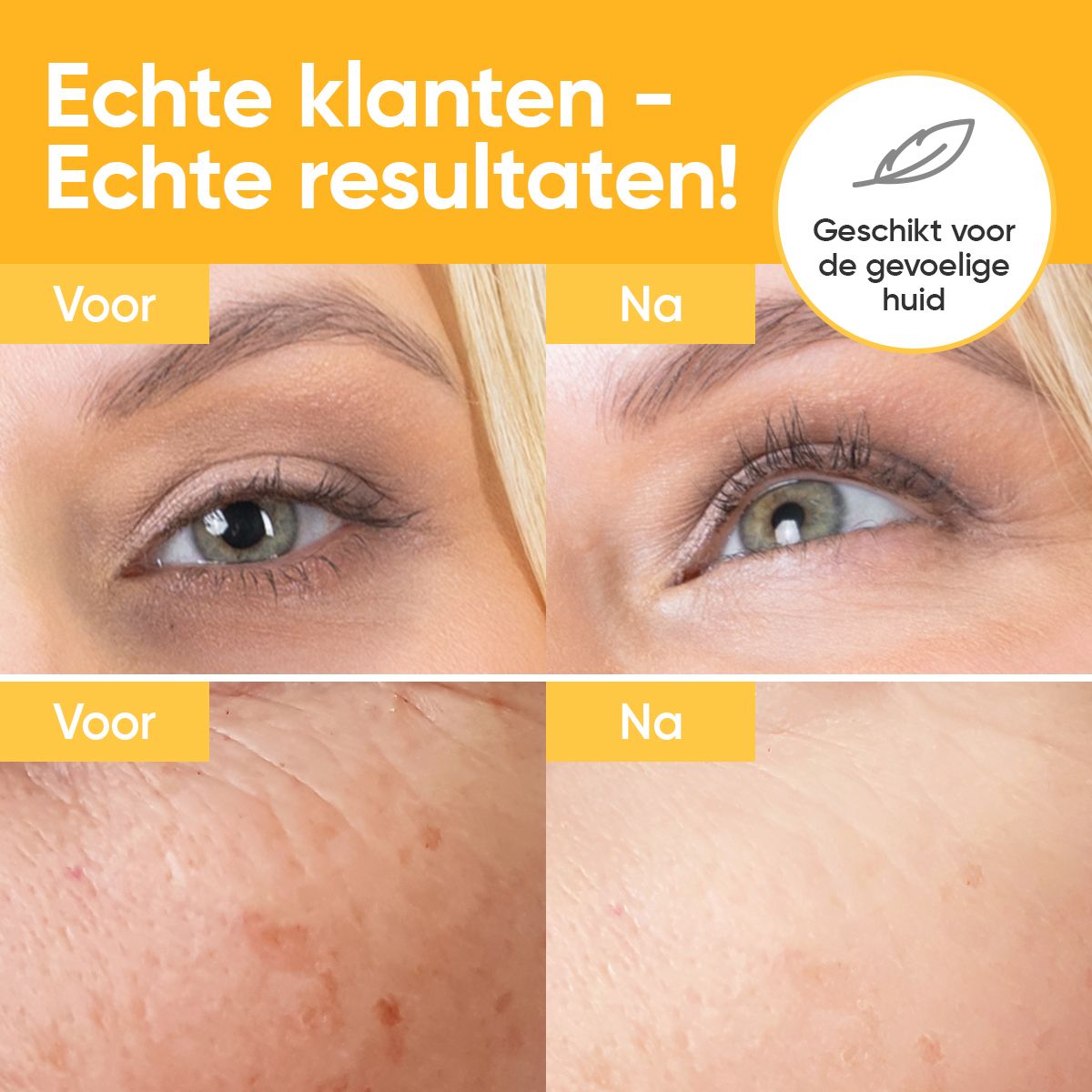 Gebruiksstappen. Vrouw met serumfles. Tekst: Stap 1, 2, 3. Aanbrengen op de huid, laten intrekken, gebruiken.
