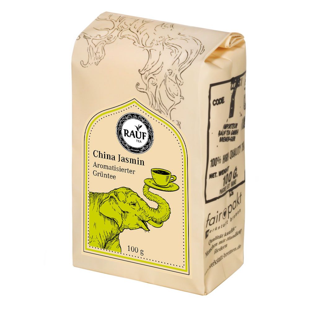 Beutel mit Rauf Tee China Jasmin. Aufdruck mit Elefant, Tasse, Logo und Text. 100g.