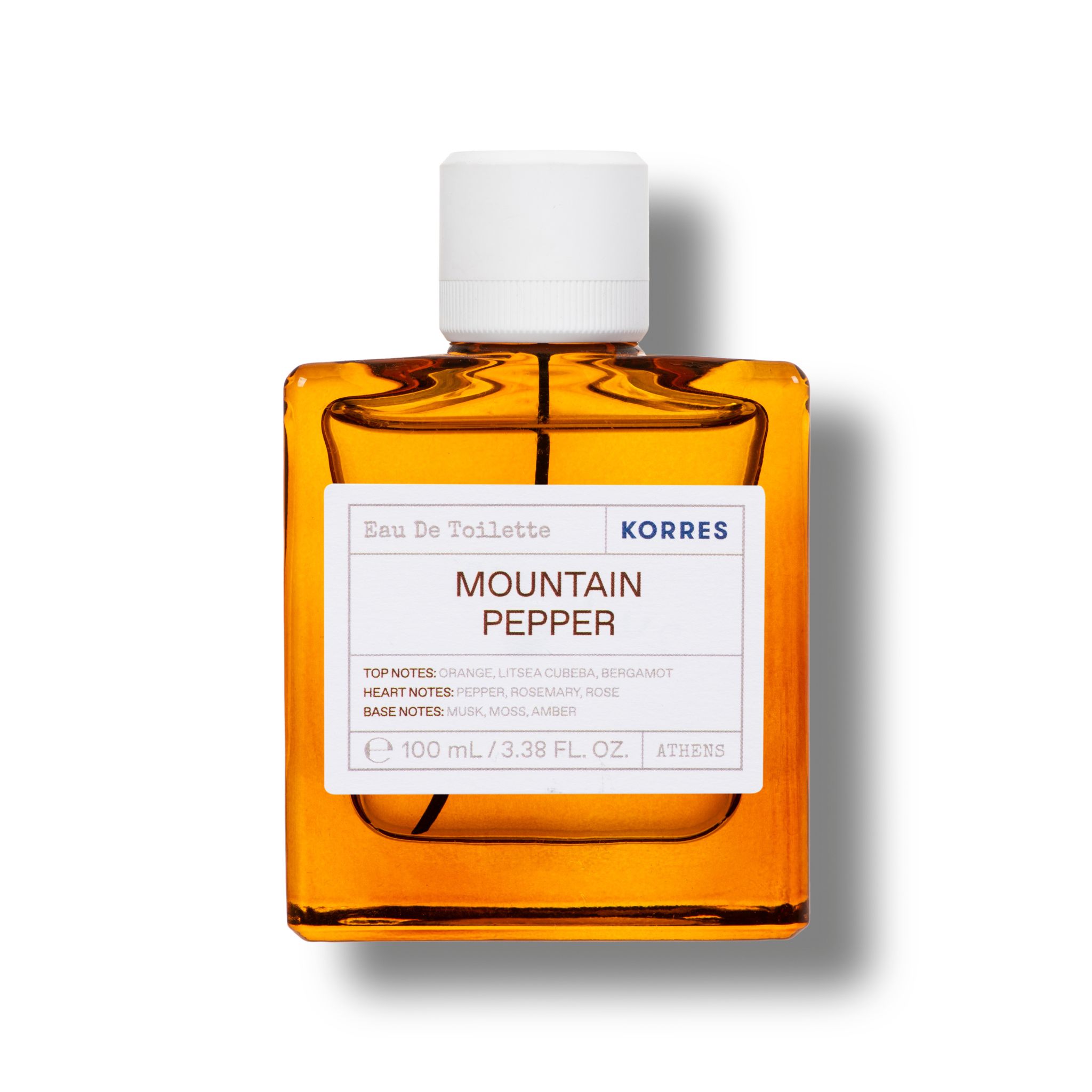 KORRES Eau de Toilette. Eckige Glasflasche mit weißem Verschluss. Etikett mit Produktnamen und Inhaltsstoffen. 100 ml.
