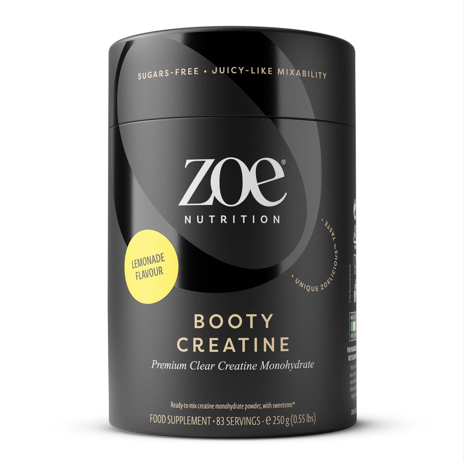 Schwarze Dose mit "zoe"-Logo und "Booty Creatine"-Aufschrift. Gelbes Etikett mit "Lemonade Flavour". Enthält 250g.