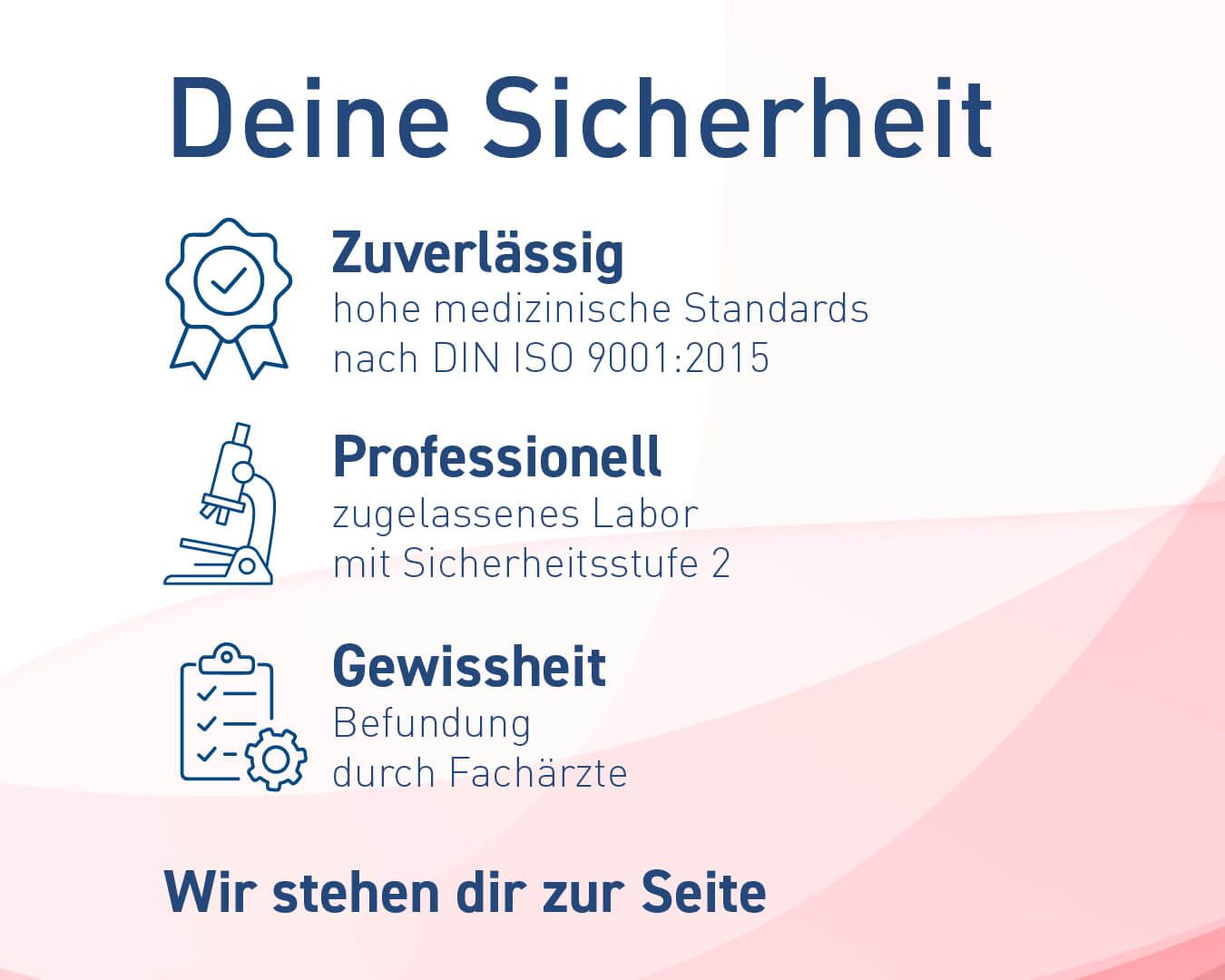 Sicherheit des Sexamed STI-Tests: Zuverlässig nach DIN ISO 9001:2015, professionell im S2 Labor, Gewissheit durch ärztliche Befundung.