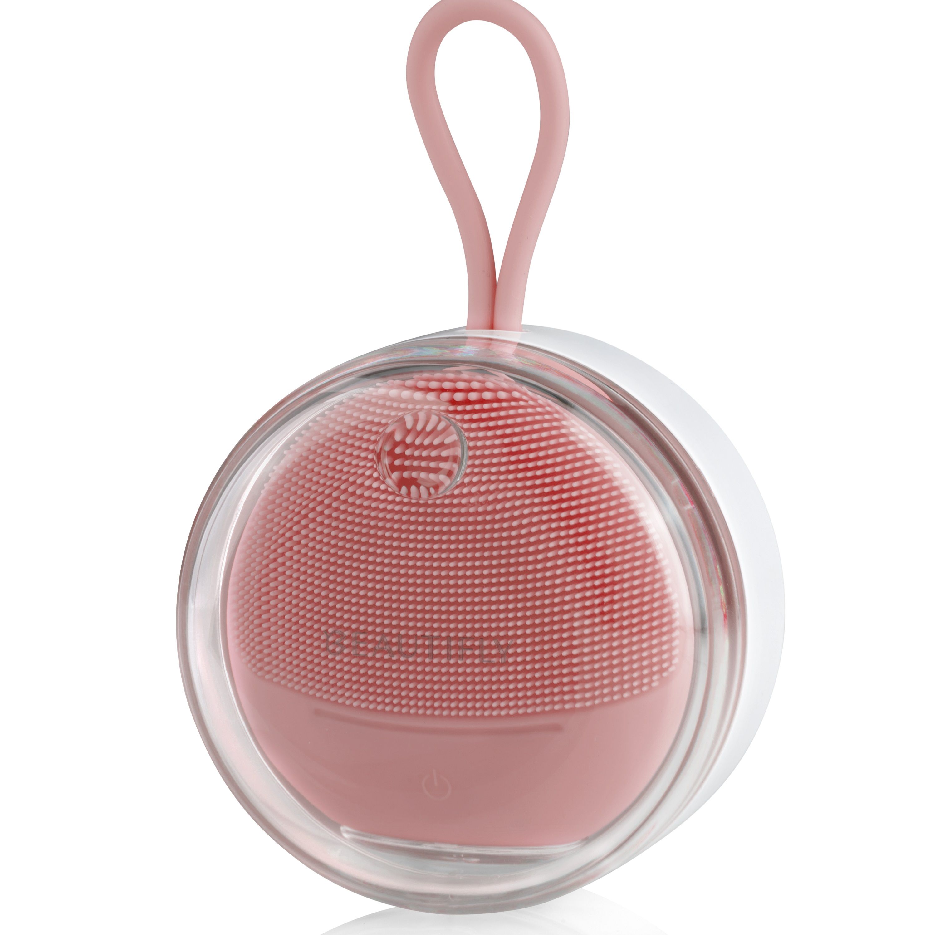 Rosa Schall-Gesichtsbürste in transparenter Hülle mit Trageschlaufe. Oben Noppen, unten glatt.