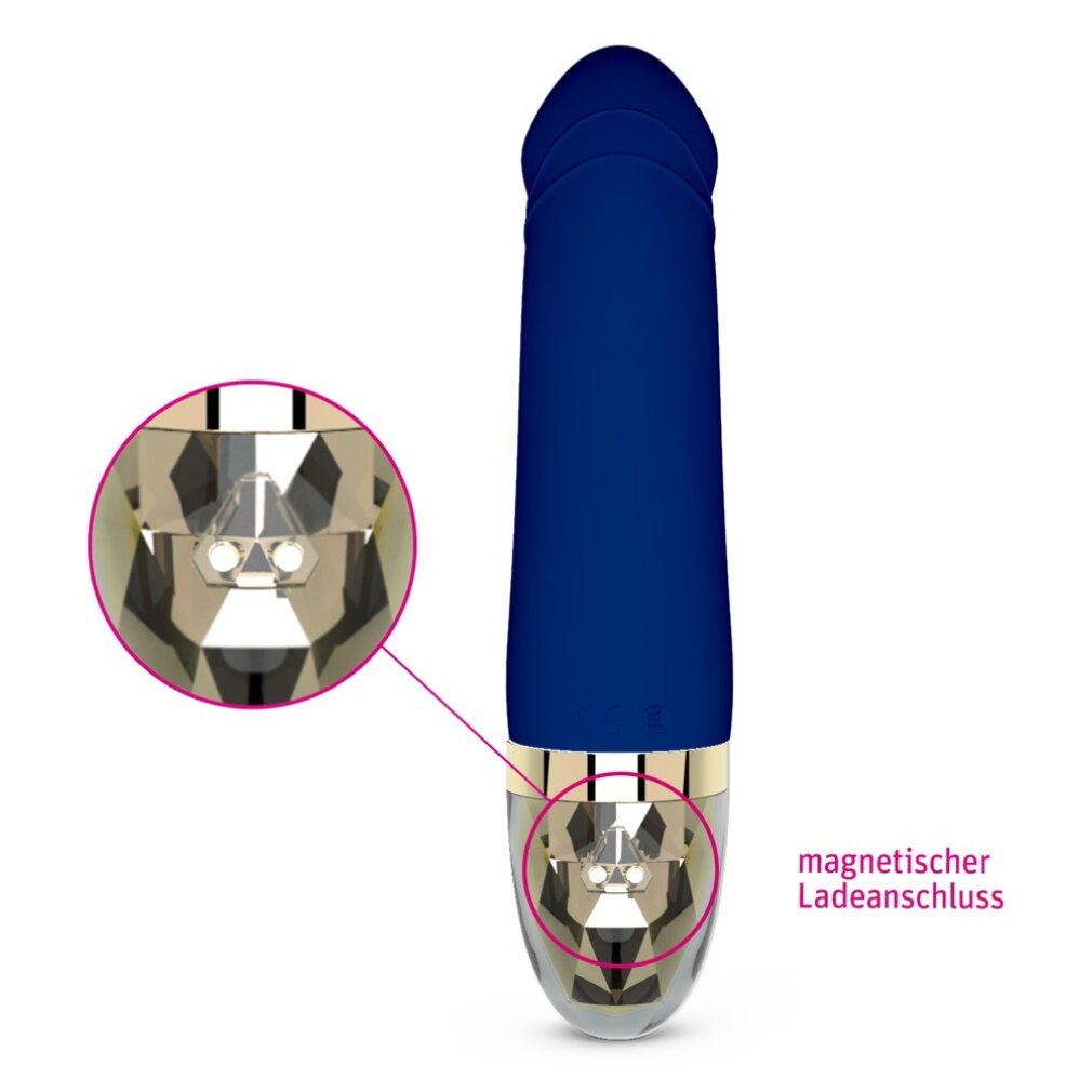 Blauer Vibrator mit goldfarbenem Akzent. Vergrößerte Ansicht des Ladeanschlusses.