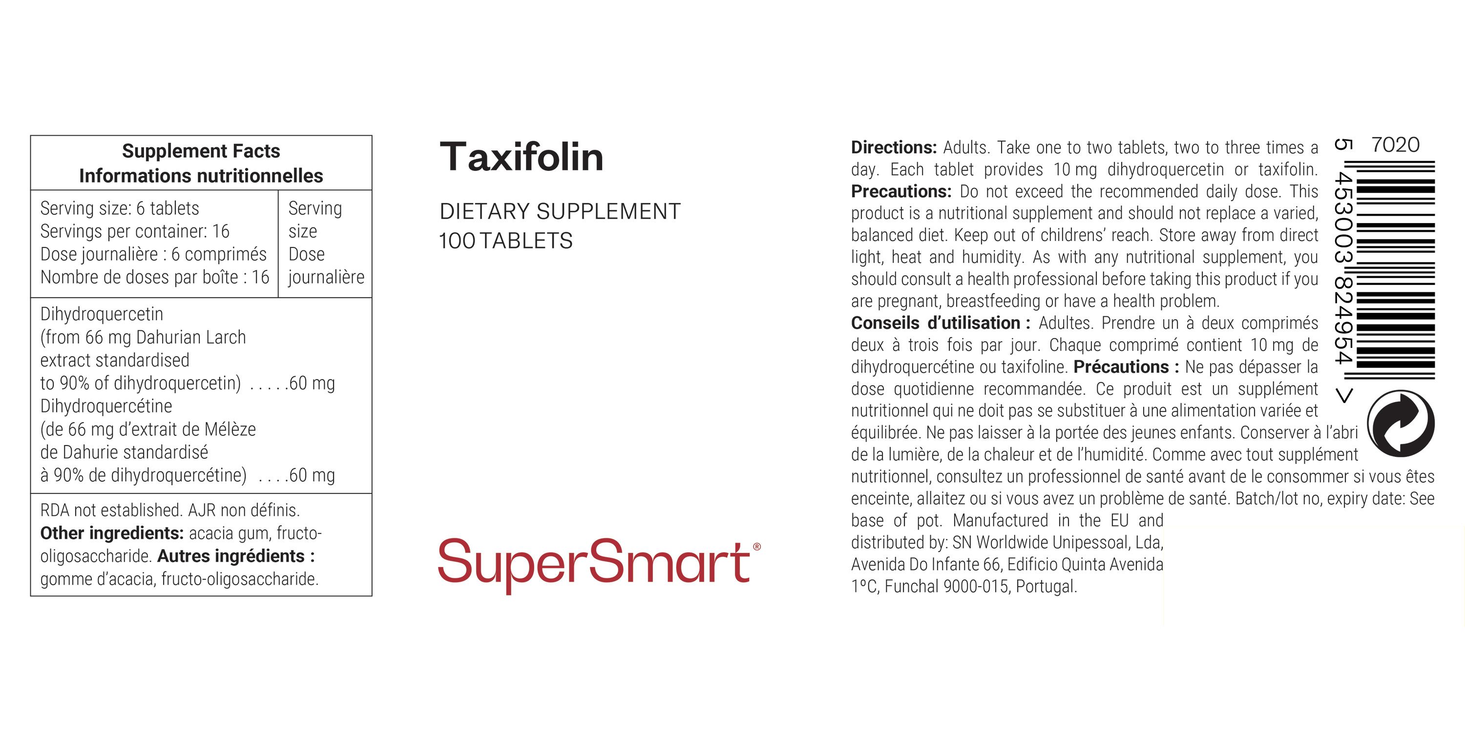 Etikett von Taxifolin, Nahrungsergänzungsmittel, 100 Tabletten. SuperSmart-Logo. Informationen zu Inhaltsstoffen und Dosierung.