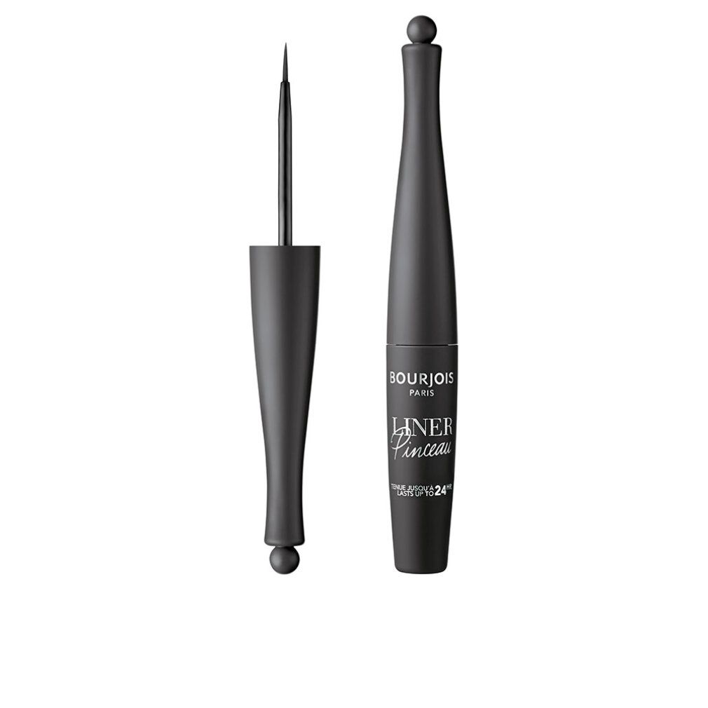 Schwarzer Eyeliner mit Pinselapplikator. Flasche mit Kugelverschluss. Aufschrift: Bourjois Paris, Liner Pinceau Waterproof 24H.
