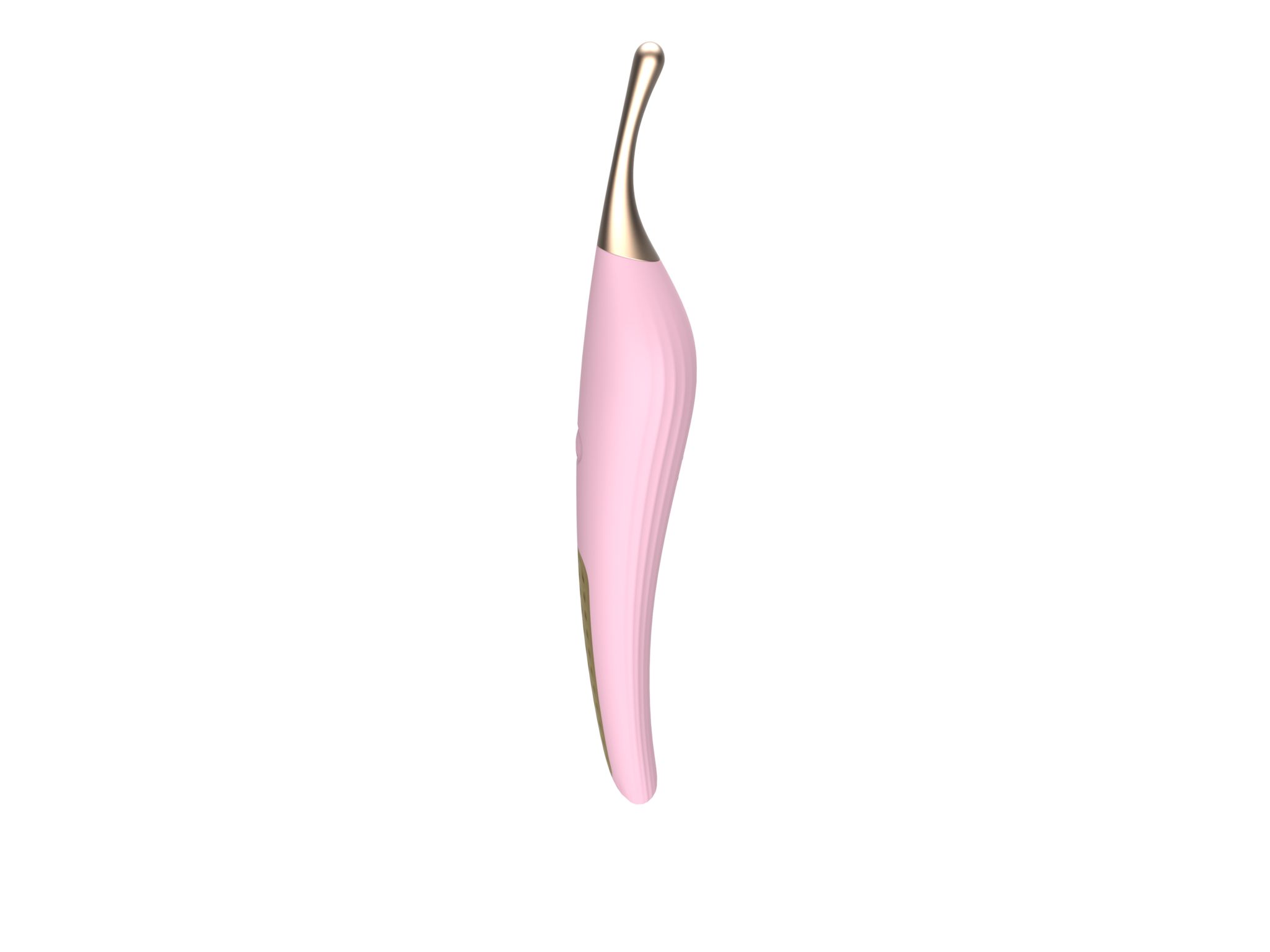 Rosa Vibrator mit goldfarbenem Kopf. Geschwungene Form mit geriffelter Oberfläche. Auf weißem Hintergrund.
