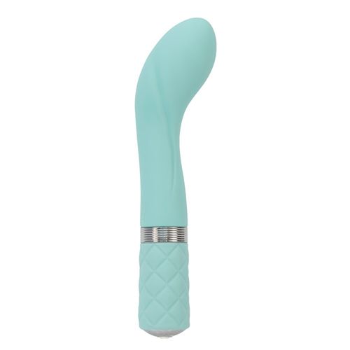 Türkis Vibrator. Gebogene Form mit geriffelter Basis und silbernem Ring. Glatte Oberfläche.
