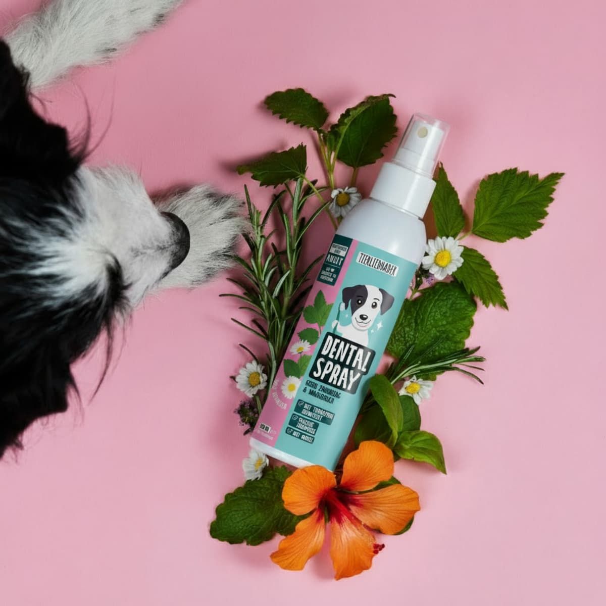 Zahn-Spray für Hunde, umgeben von Kräutern und Blumen. Hund im Hintergrund. Rosa Hintergrund.