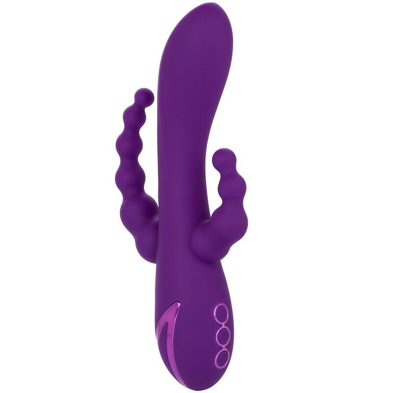 Lila Vibrator mit drei Knöpfen, wellenförmigen Elementen und zwei Armen. Auf weißem Hintergrund.