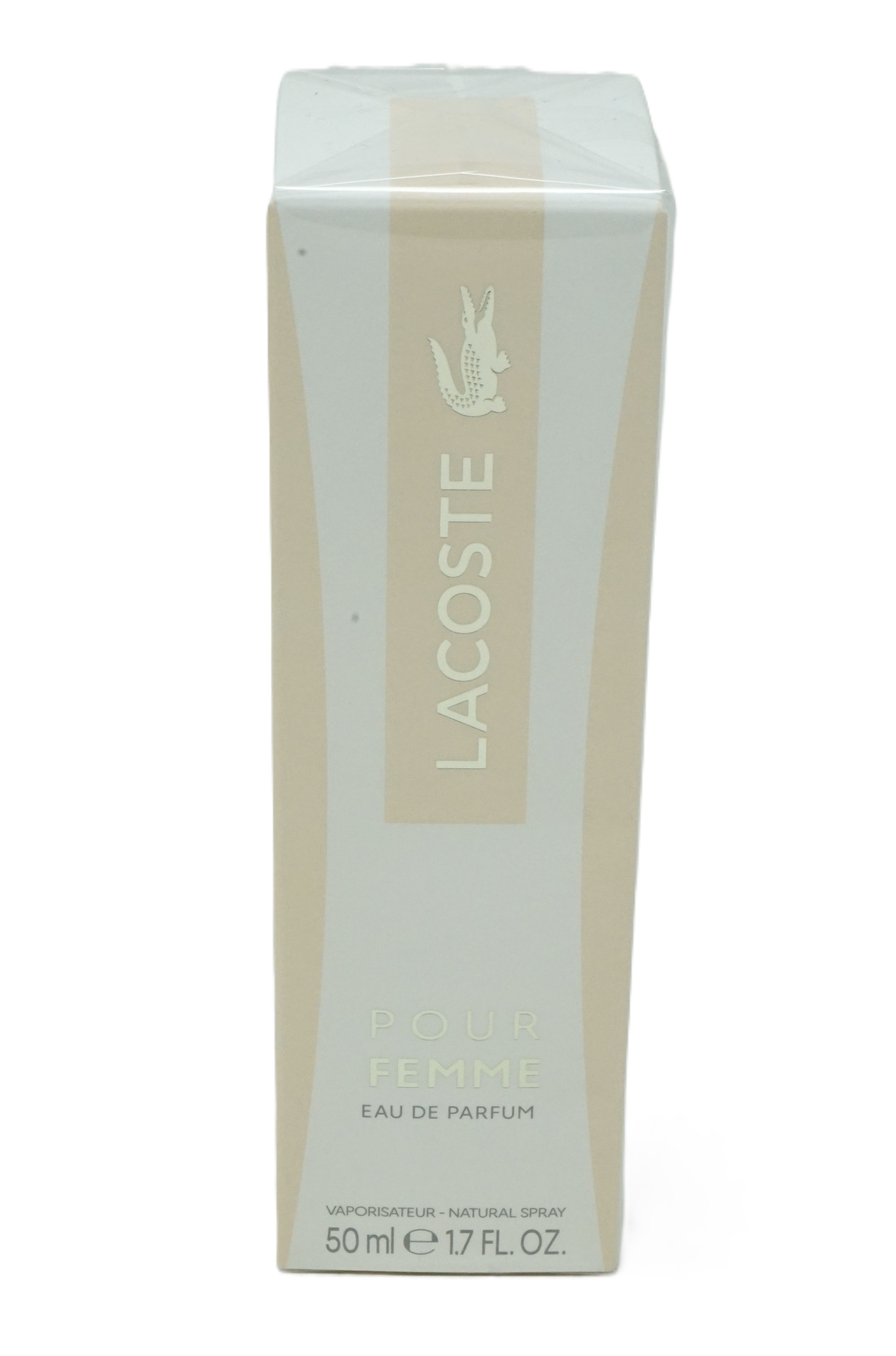 Lacoste Pour Femme Eau de Parfum 50ml Umverpackung mit Krokodil-Logo und Streifenmuster.