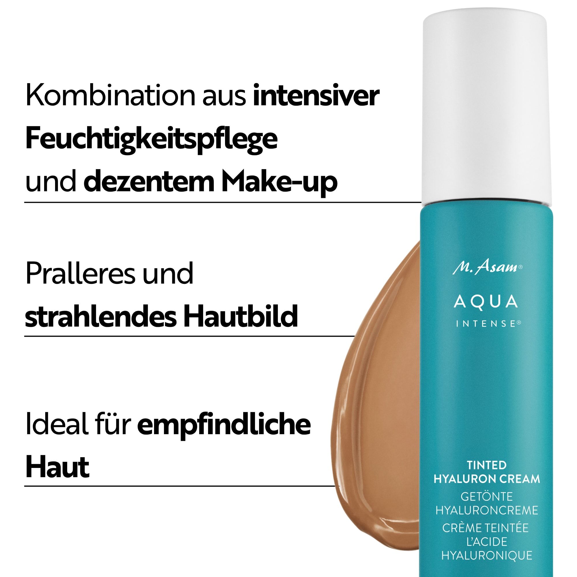 Türkise Flasche mit Pumpspender und einem Klecks getönter Creme. Text: Feuchtigkeitspflege, Make-up, strahlendes Hautbild.