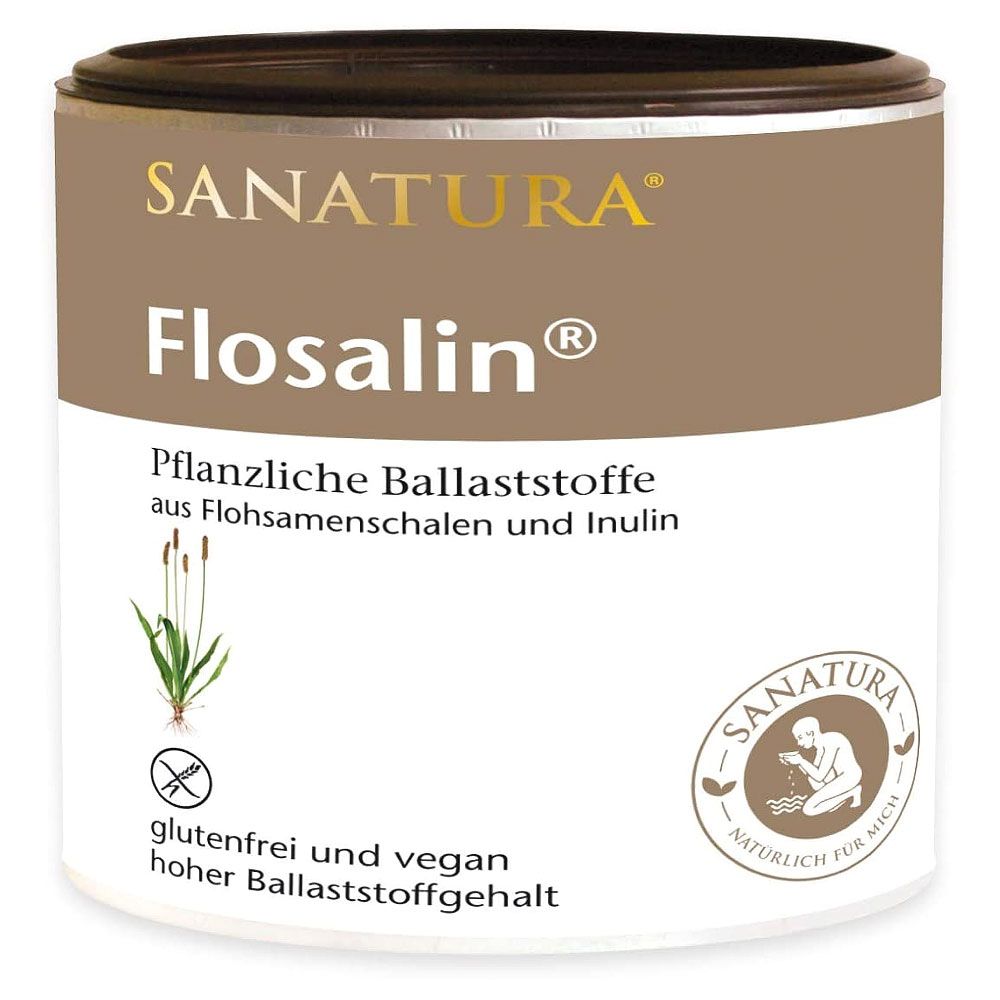 Dose mit Produktaufschrift SANATURA Flosalin. Text: Pflanzliche Ballaststoffe, glutenfrei, vegan. Logo: Sanatura, natürlich für mich.