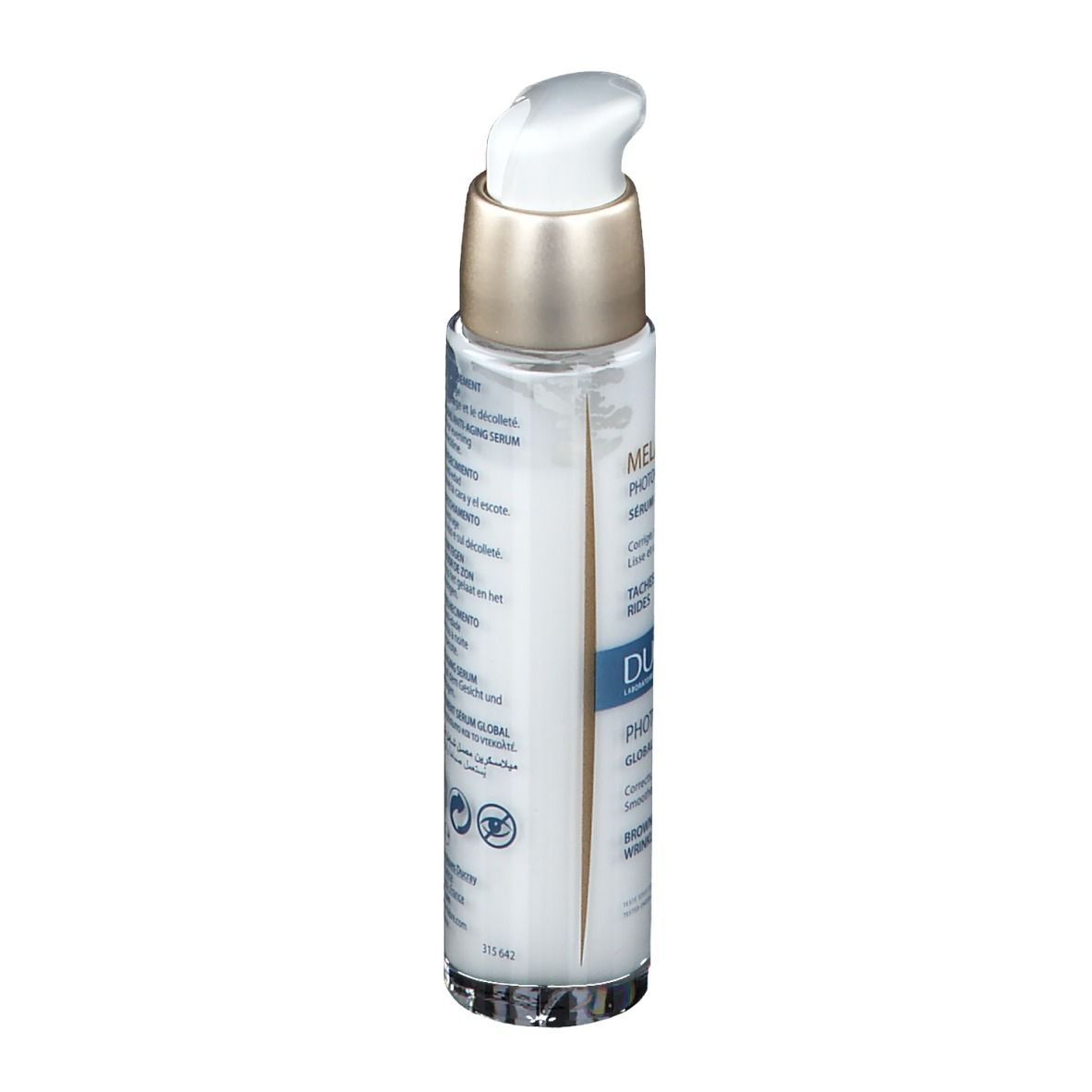 Weiße Flasche mit Pumpe. Aufschrift: MELASCREEN, Photoaging Serum. Goldfarbener Verschluss.