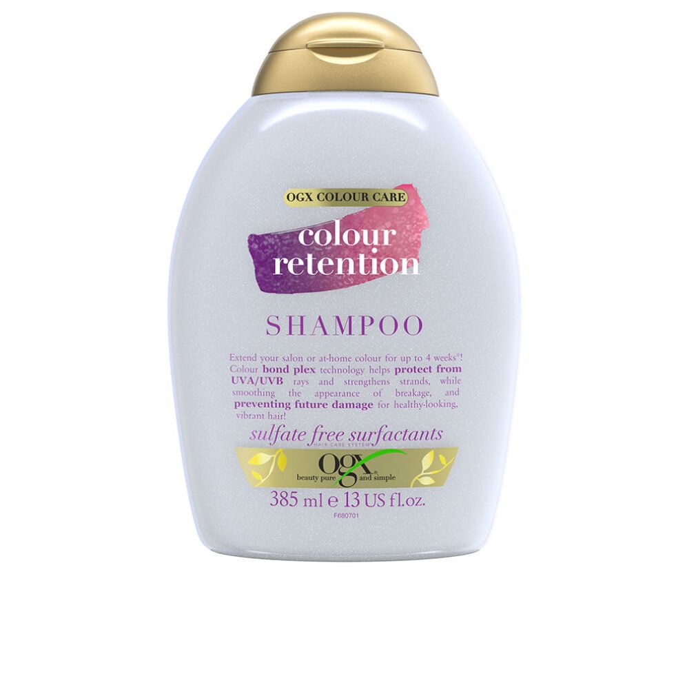 Weißes Shampoo-Fläschchen mit goldenem Deckel. Aufschrift: OGX Colour Retention Shampoo. Volumen: 385 ml.