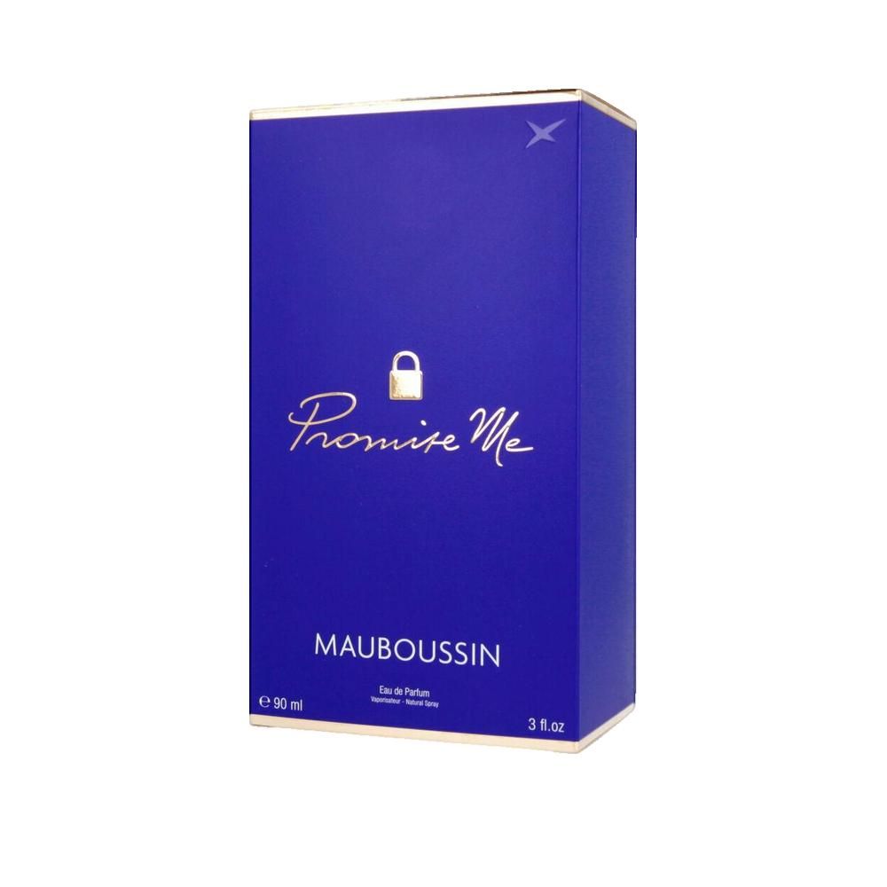 Blaue rechteckige Verpackung. Aufschrift: Promise Me, Mauboussin. Goldfarbenes Logo und Schrift.