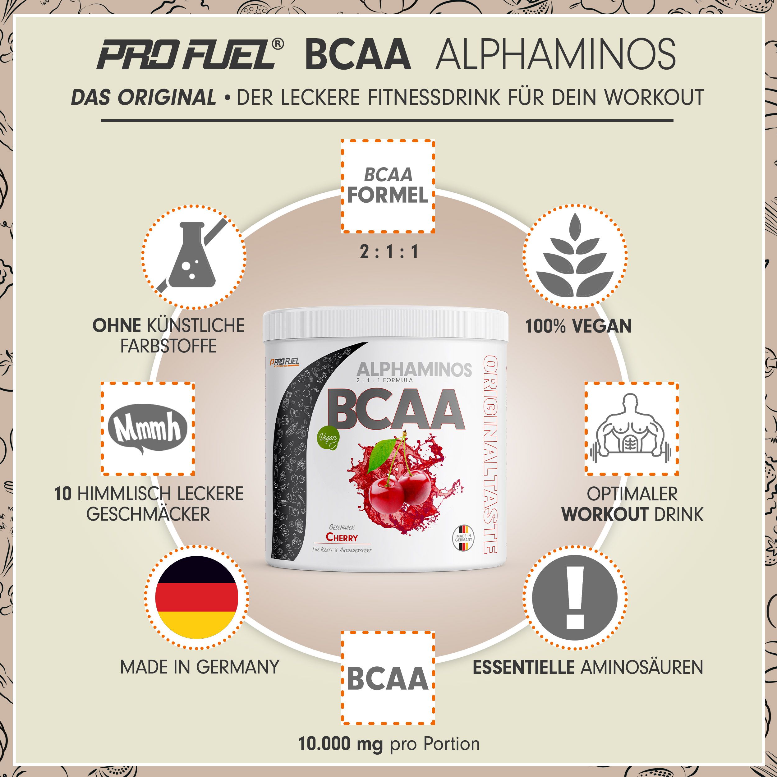 Produktabbildung mit BCAA-Pulver. 100% vegan. 10.000 mg pro Portion. "Made in Germany".
