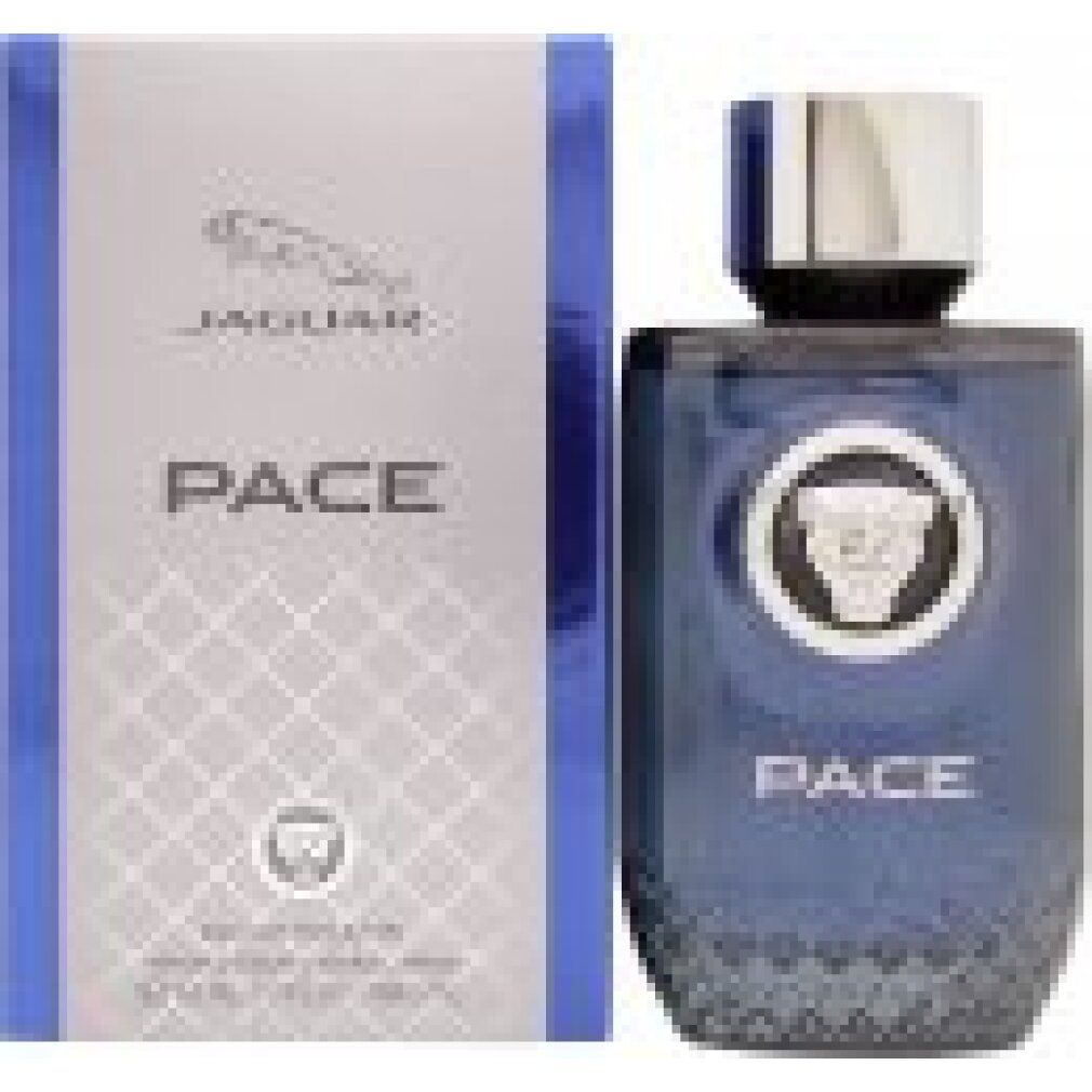 Blauer Flakon und Verpackung von Jaguar Pace Eau de Toilette. Aufschrift: Jaguar, Pace, Eau de Toilette. Logo mit Jaguar.