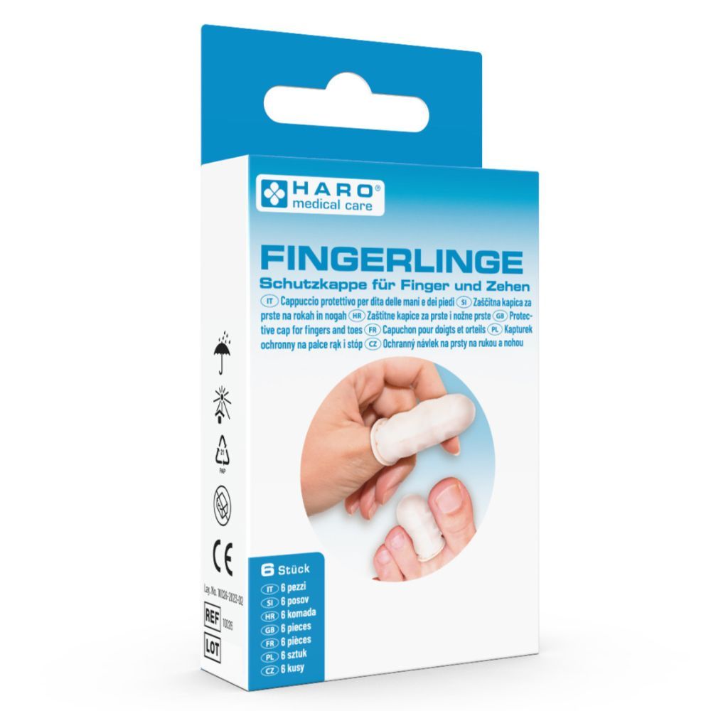 Verpackung mit Fingerlingen. Sechs Stück. Haro Medical Care. Schutz für Finger und Zehen. Fingerlinge auf Fingern und Zehen abgebildet.