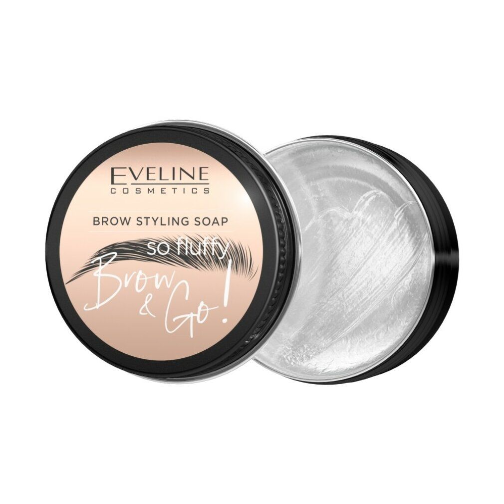 Brauen-Styling-Seife in runder Dose. Deckel geöffnet, Seife sichtbar. Aufschrift: Eveline Cosmetics, Brow Styling Soap, Brow & Go!