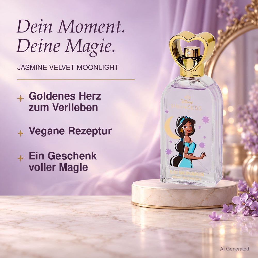 Disney Princess Jasmine Velvet Moonlight Eau de Parfum auf einem Podest, mit Text.