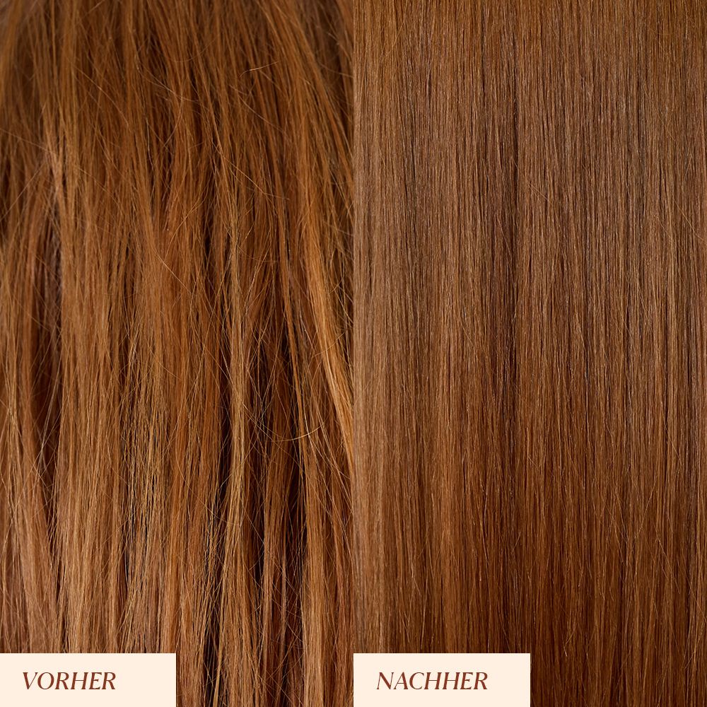 Haarsträhnen, links: VORHER, rechts: NACHHER. Vergleich von trockenem, ungepflegtem Haar mit glattem, gepflegtem Haar.