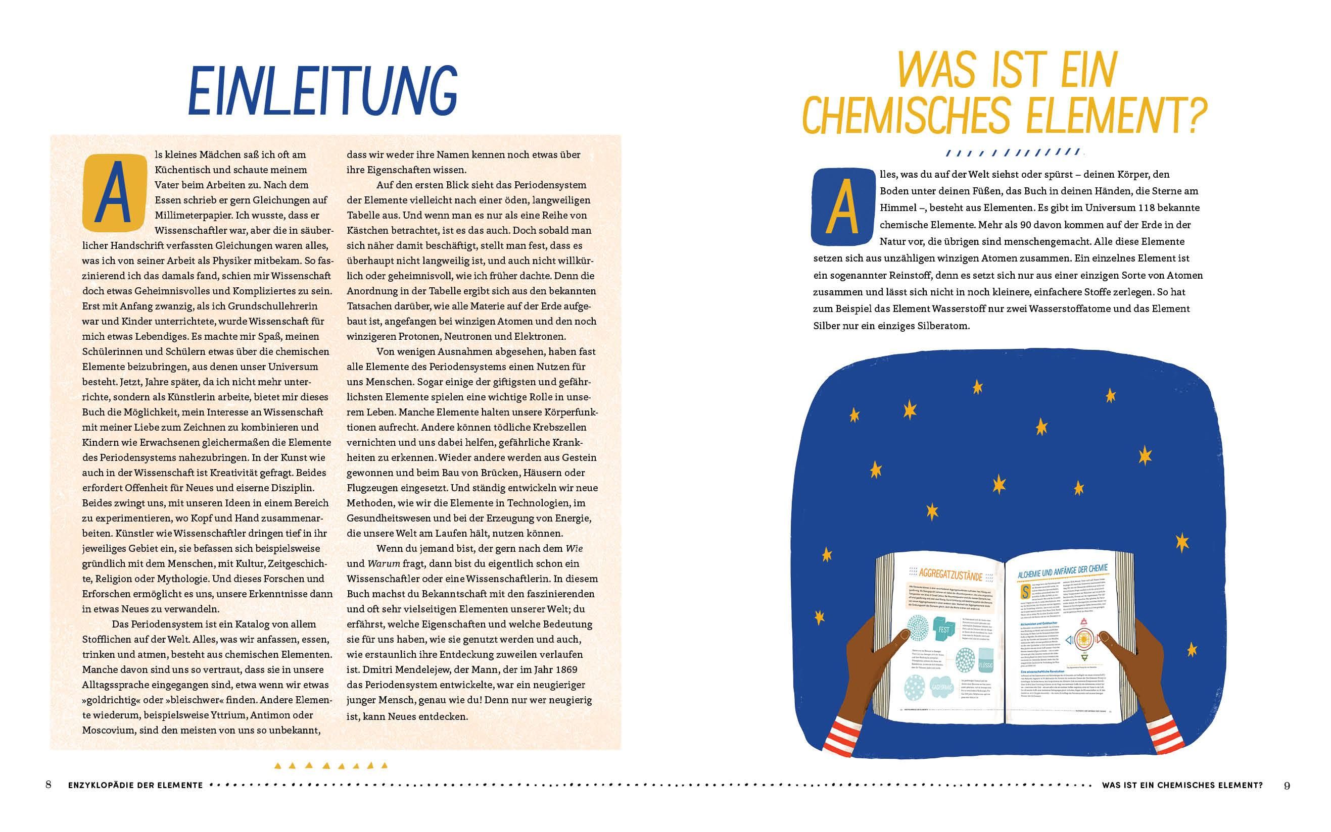 Buchseite mit Text und Illustrationen. Überschrift: "Einleitung". Offenes Buch mit Sternenhimmel-Illustration und Händen.