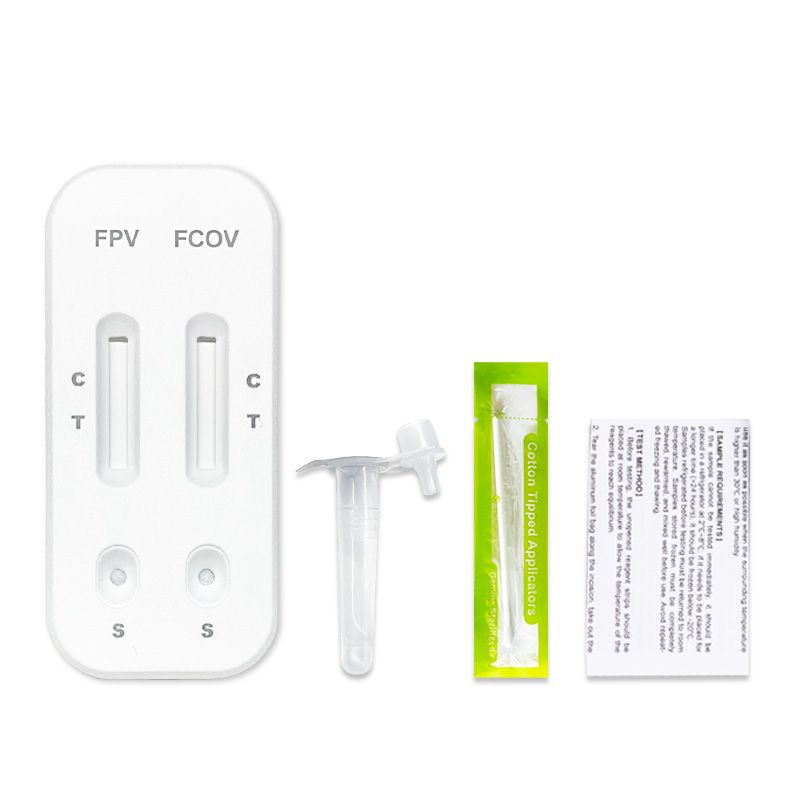 Weißer Teststreifen mit zwei Testfeldern, Beschriftung FPV und FCOV. Zubehör: Röhrchen, Applikator, Beipackzettel.